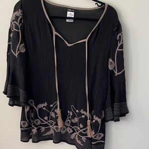 Style & Co. Black Blouse with Tan Embroidery